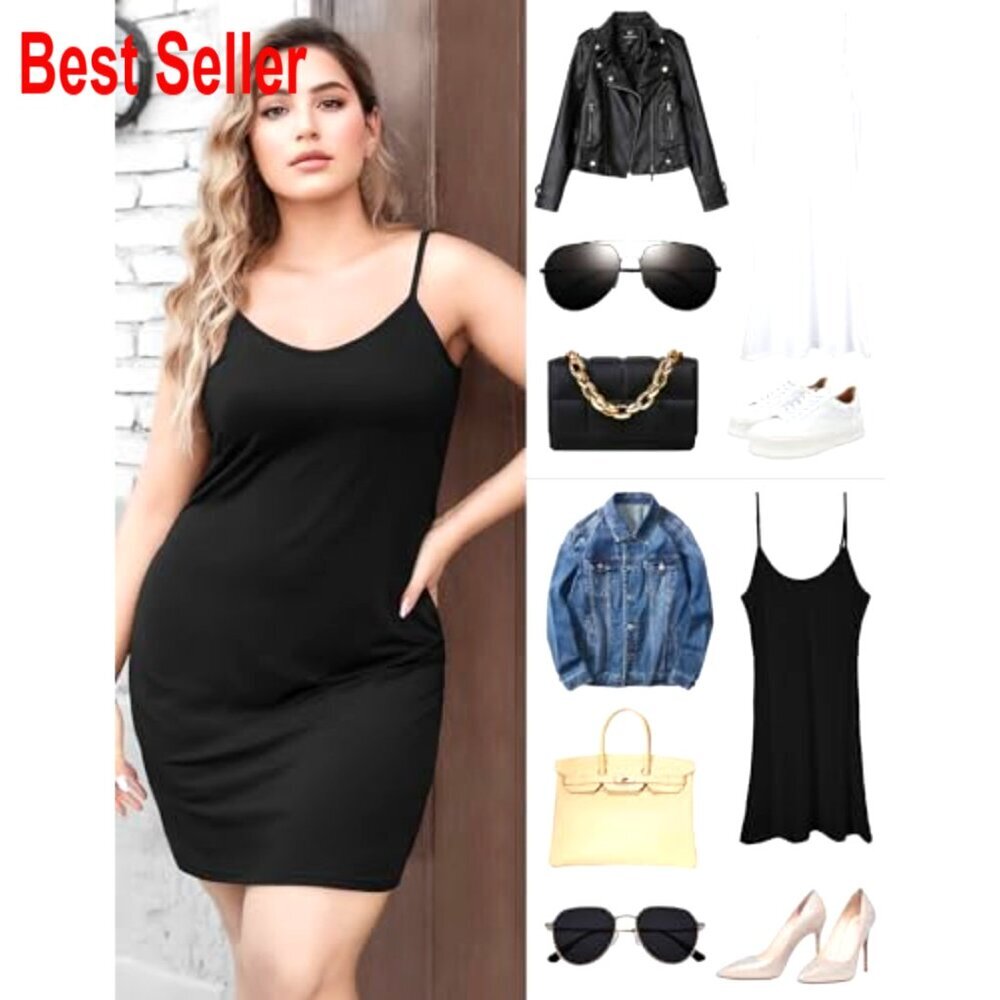 Plus Size Slip Dress 2-Pack, Spaghetti Strap Cami, Rayon Spandex, V-Neck - Picture 6 of 7